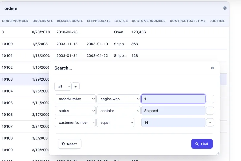 Search dialog combining orderNumber, status and customerNumber conditions