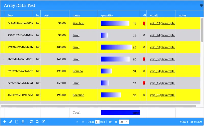 Grid bound to array data with a custom blue and yellow theme and footer total