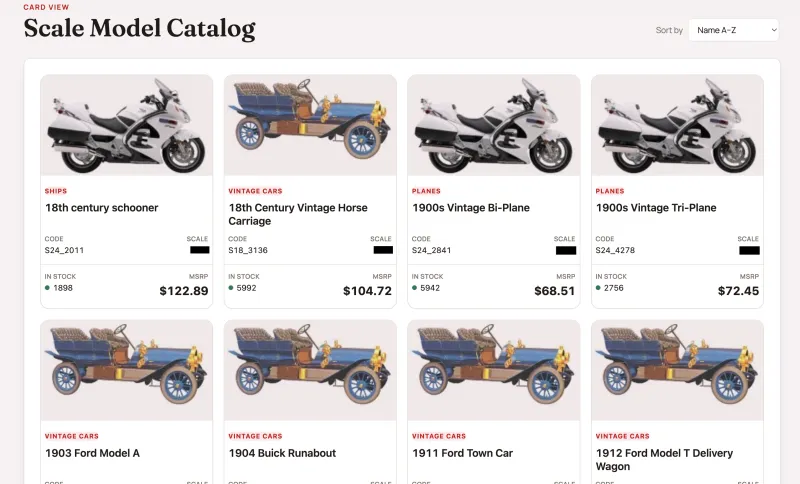 Scale model catalog displayed as product cards with stock and price