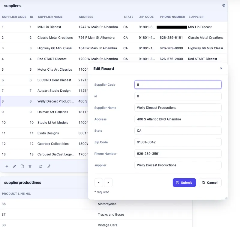 Suppliers grid with an edit record dialog above a product lines grid