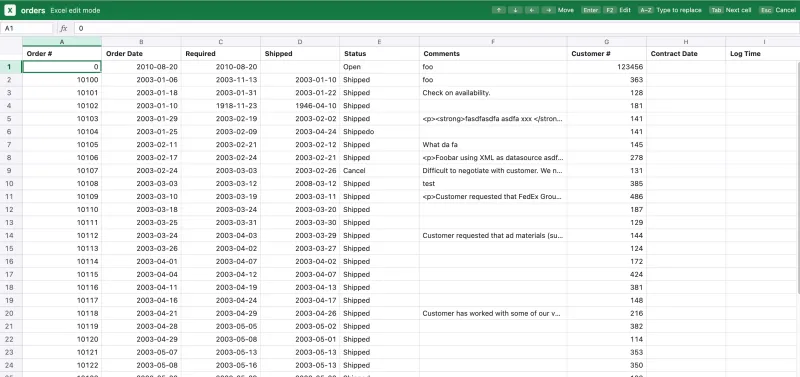 Orders grid in Excel edit mode with cell reference bar and keyboard shortcuts