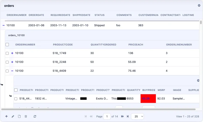 Orders grid with nested order line and product subgrids