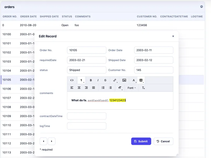 Edit record form with a rich text editor for the comments field
