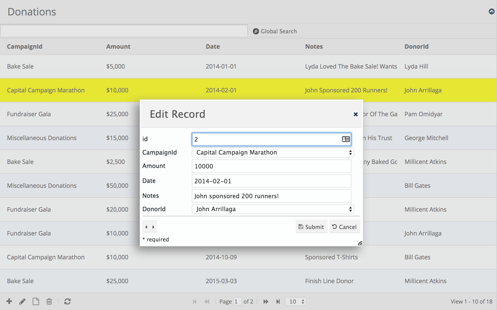 Donations datagrid after enhancements