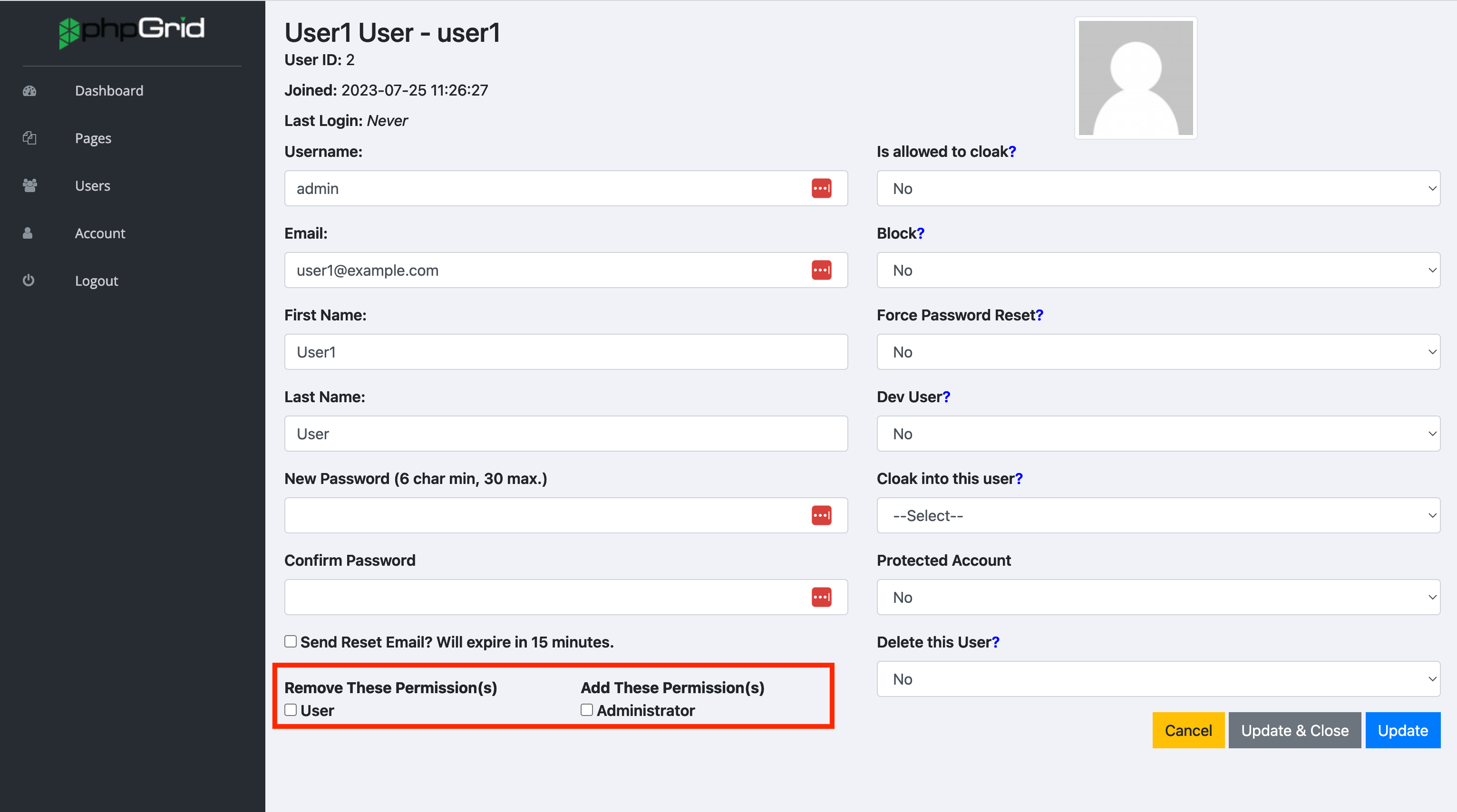 user management user settings